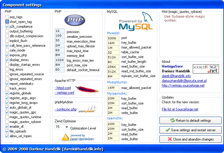 Окно настроек компонент