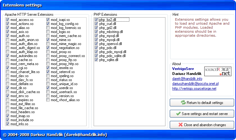Окно расширений